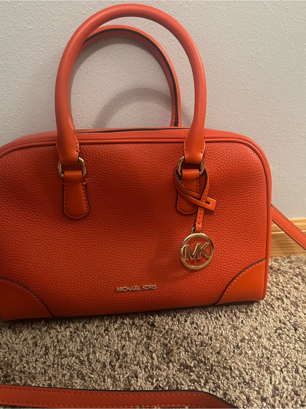 Michael Kors Bright Orange Dome Satchel with Gold MK Charm